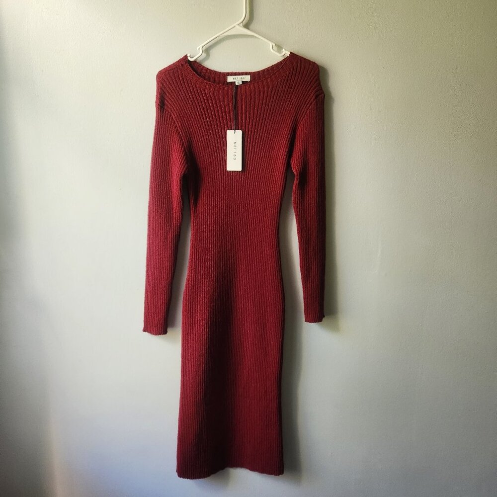 NEW  Red Ribbed Long Sleeve Bodycon Midi Sweater Dress Size Large